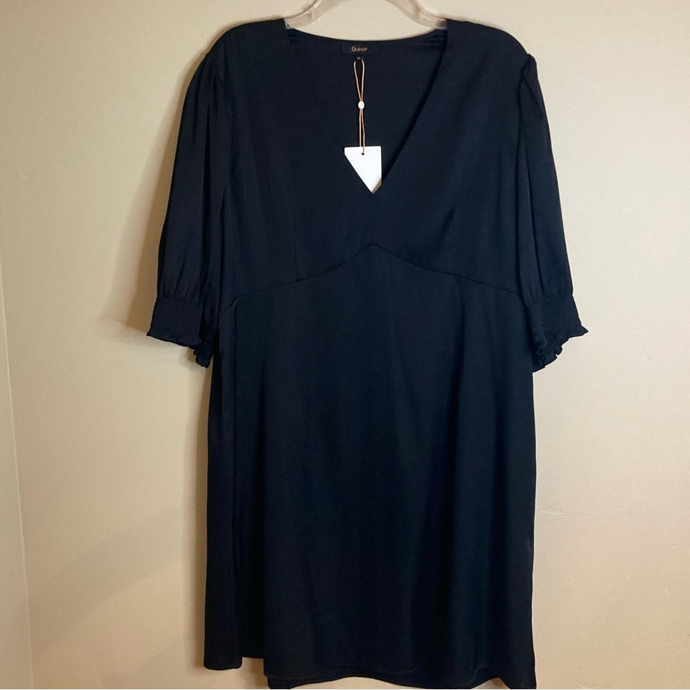 NEW Quince Washable Stretch Silk Puff Sleeve Mini Dress Black Satin Size XL - Picture 5 of 12